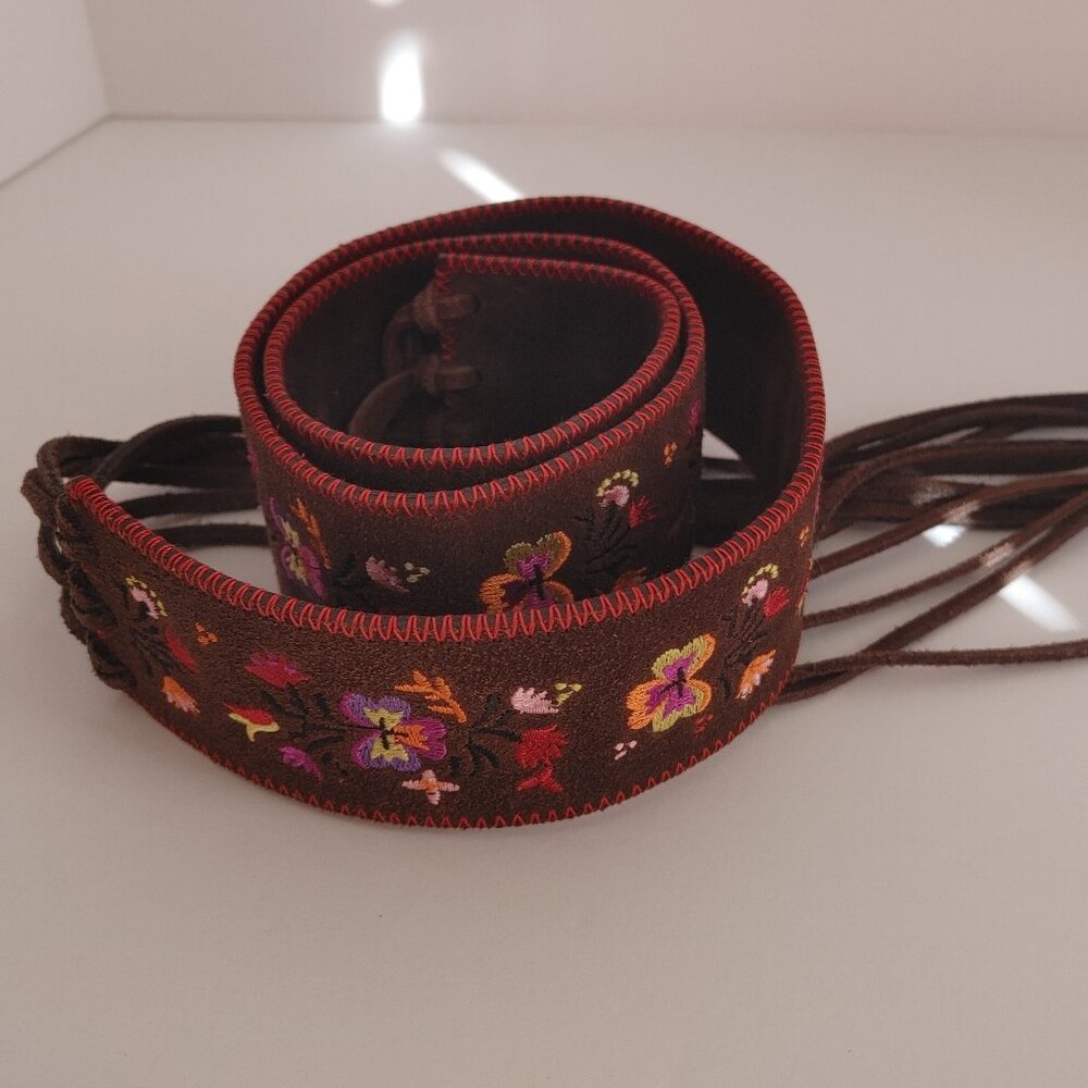 American Eagle Leather Belt - Brown with Tie Closure M/L Floral